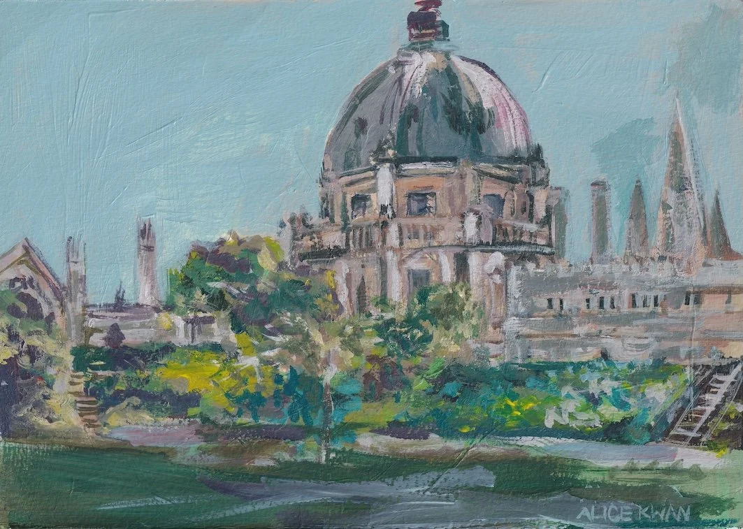 Painting of St. Paul's Cathedral in London with trees and greenery in the foreground.