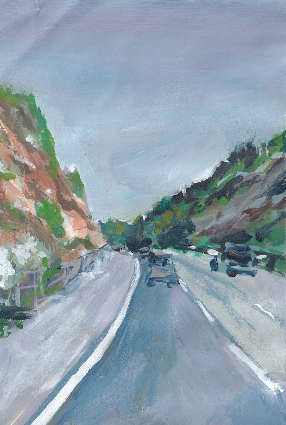 A painted landscape of a highway with cars, bordered by green hills and a cloudy sky.
