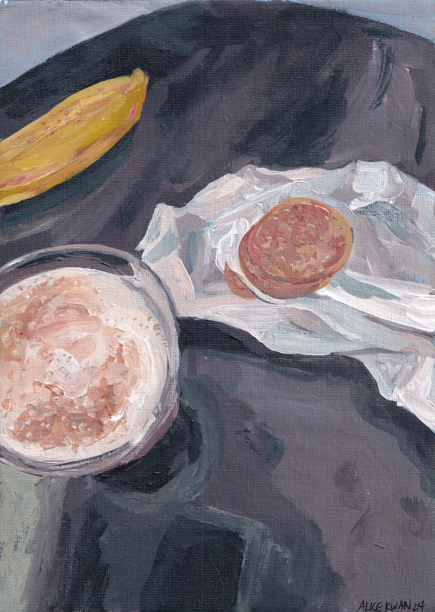 A painting of a breakfast scene with a soft-boiled egg in an egg cup, toast on a white napkin, a yellow banana, and a dark plate in the background.