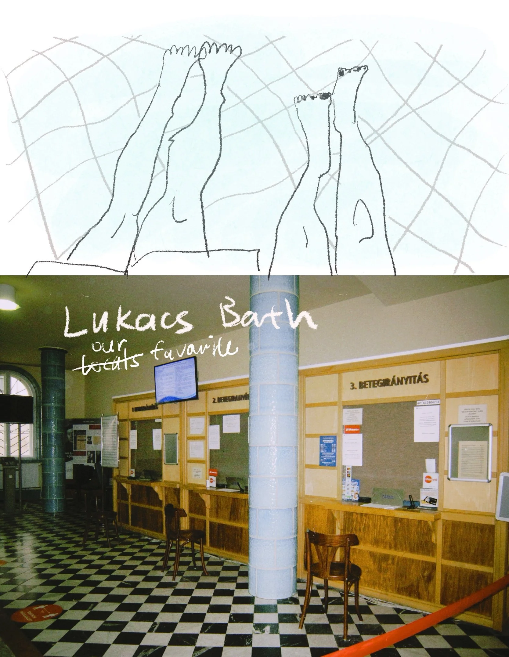 A Wes Anderson-style collage featuring the Lukács Spa interior and a digital sketch of a couple's legs in the thermal water
