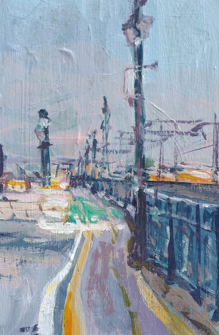 An impressionistic painting of a street scene with utility poles, railway tracks, and a curved pathway.