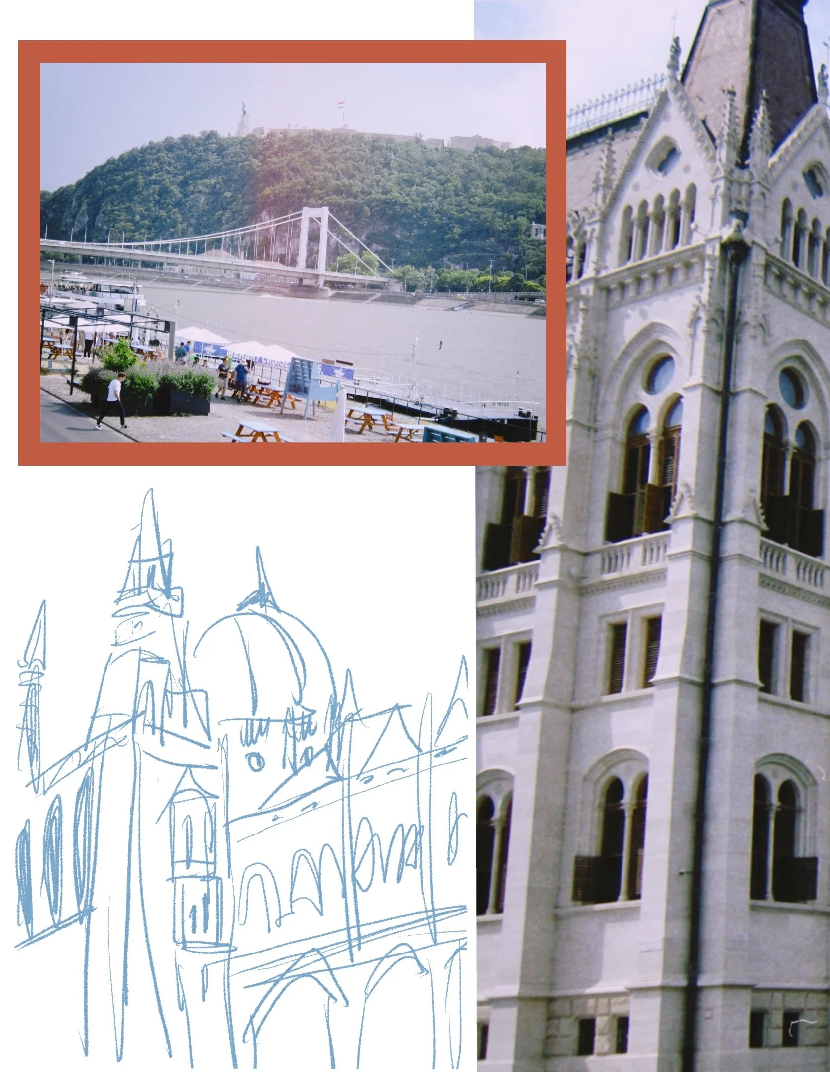 A three-image collage featuring a digital sketch of the Hungarian Parliament Building, a photo of a bridge over the Danube, and a film close-up of the Parliament architecture.