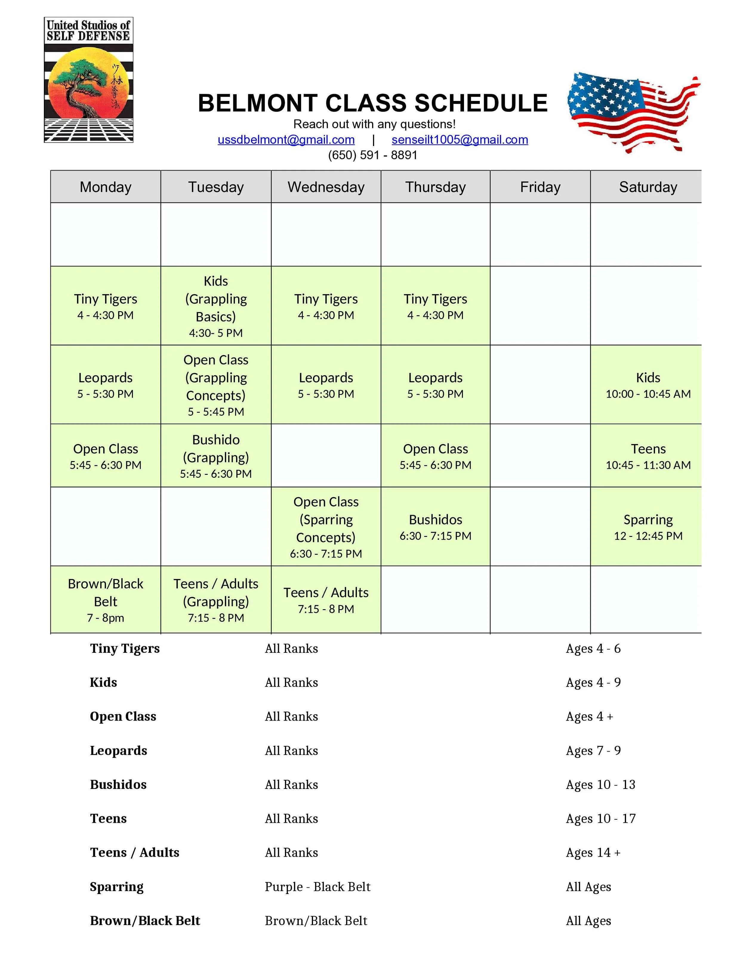 A calendar view of the Belmont USSD weekly schedule for all class types