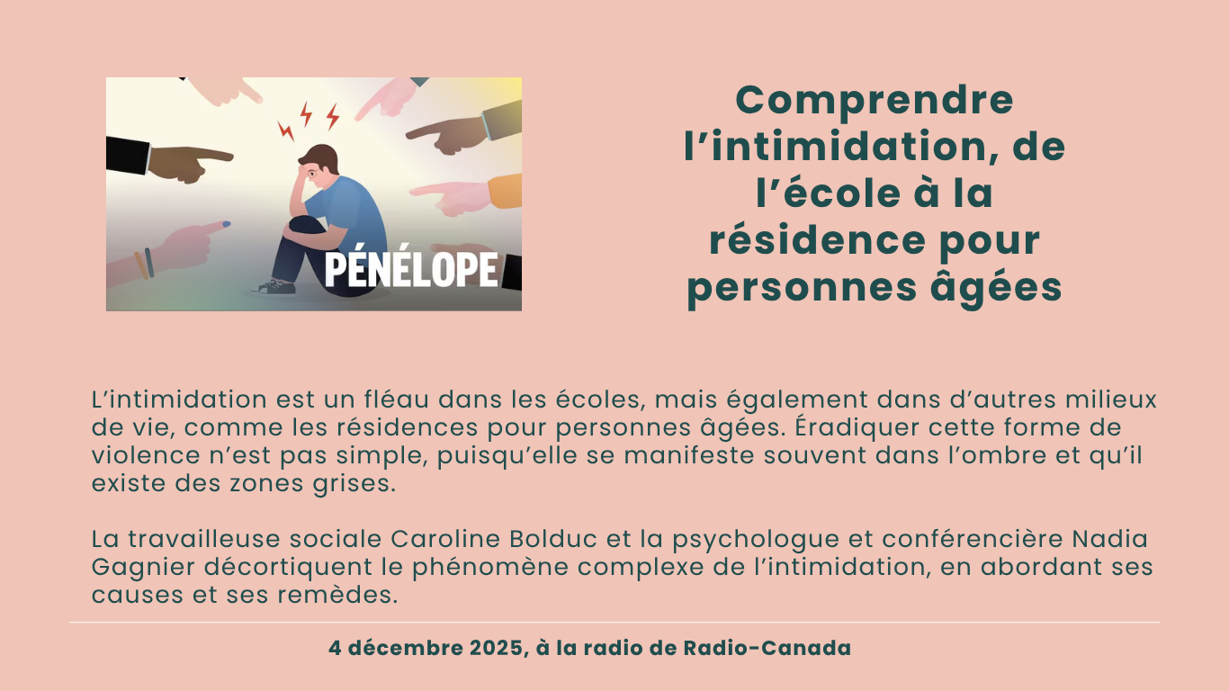 L’intimidation est un fléau dans les écoles, mais également dans d’autres milieux de vie, comme les résidences pour personnes âgées. Éradiquer cette forme de violence n’est pas simple, puisqu’elle se manifeste souvent dans l’ombre et qu’il existe des
