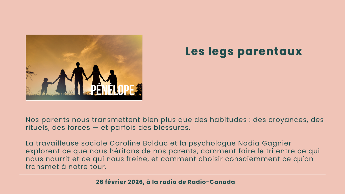 Nos parents nous transmettent bien plus que des habitudes : des croyances, des rituels, des forces — et parfois des blessures. La travailleuse sociale Caroline Bolduc et la psychologue Nadia Gagnier explorent ce que nous héritons de nos parents, comm