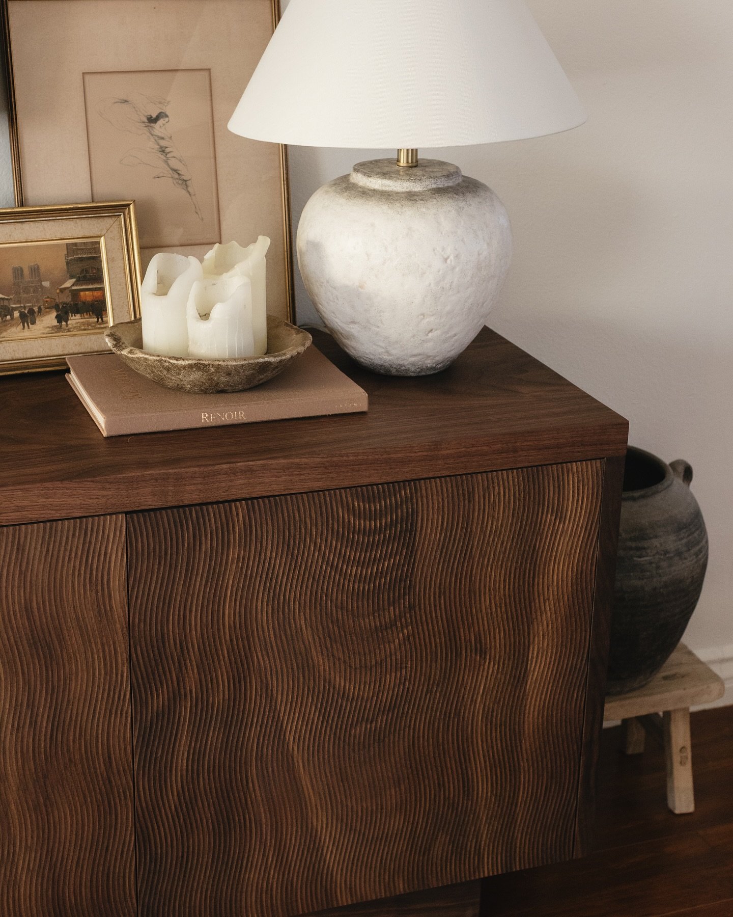 Introducing our custom credenza, &lsquo;JUNO&rsquo; made entirely of solid Walnut. This piece has 4 textured doors with lots of storage room, measuring at 92x18x29