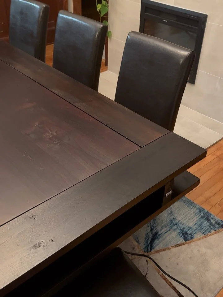 Just delivered this custom gaming/dining table conversion.

All sides of the table flip down to become a gaming table, equipped with a power outlet at each station- 
8 in total to host laptops all around for game night.

This table was darkened using