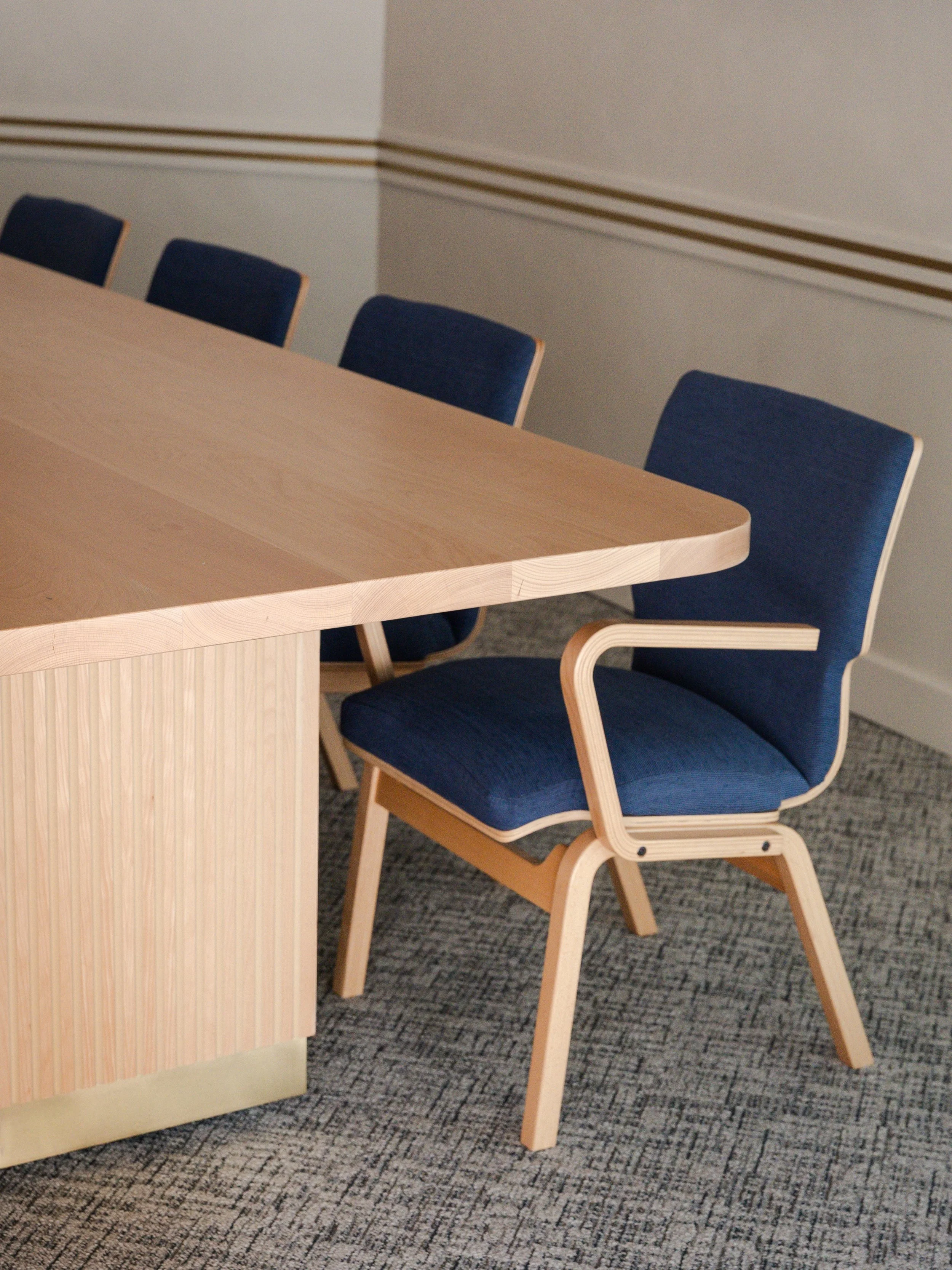 The &lsquo;Solstice&rsquo; conference table was made with solid European Beech - featuring two fluted rectangular bases, elevated with a 3&rdquo; solid brass toe kick. &lsquo;Solstice&rsquo; has a rectangular top and soft, rounded edges that mimic ou