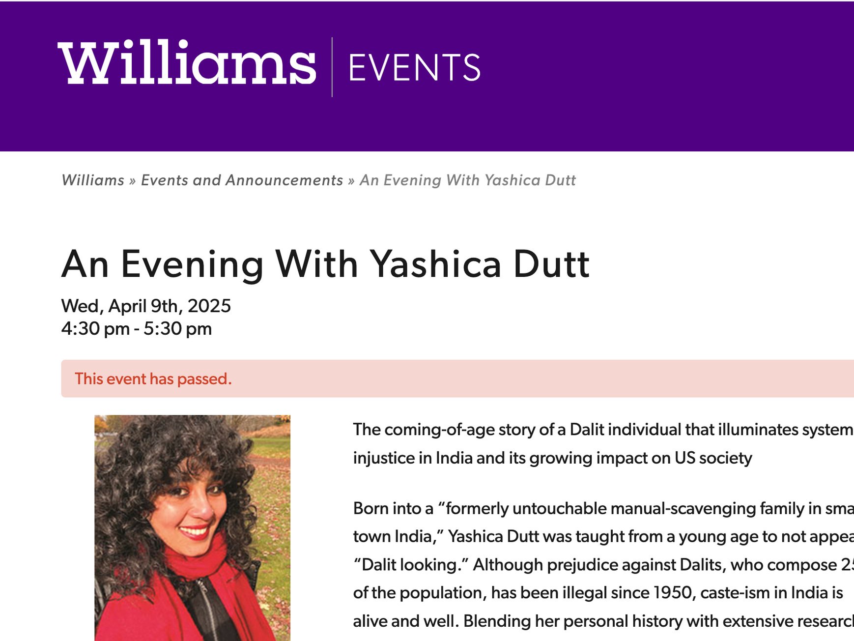 Book Talk at Williams Bookstore, MA and Lecture at Williams College, MA