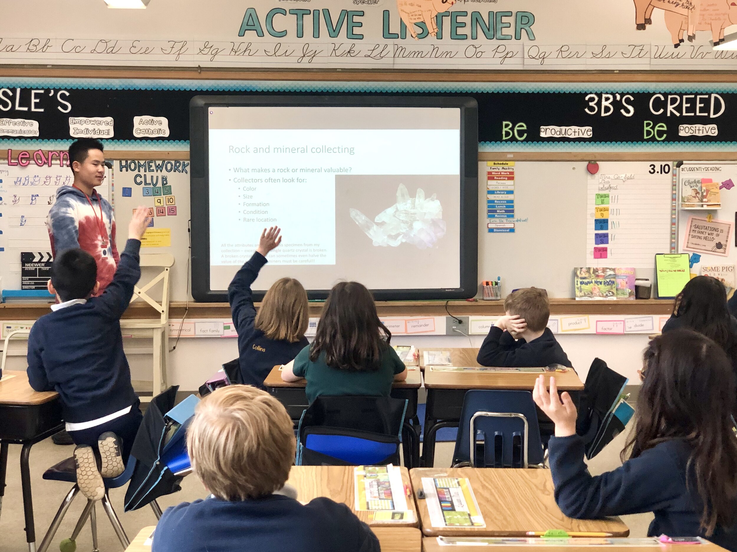 Talking about collecting minerals with a local elementary school class.