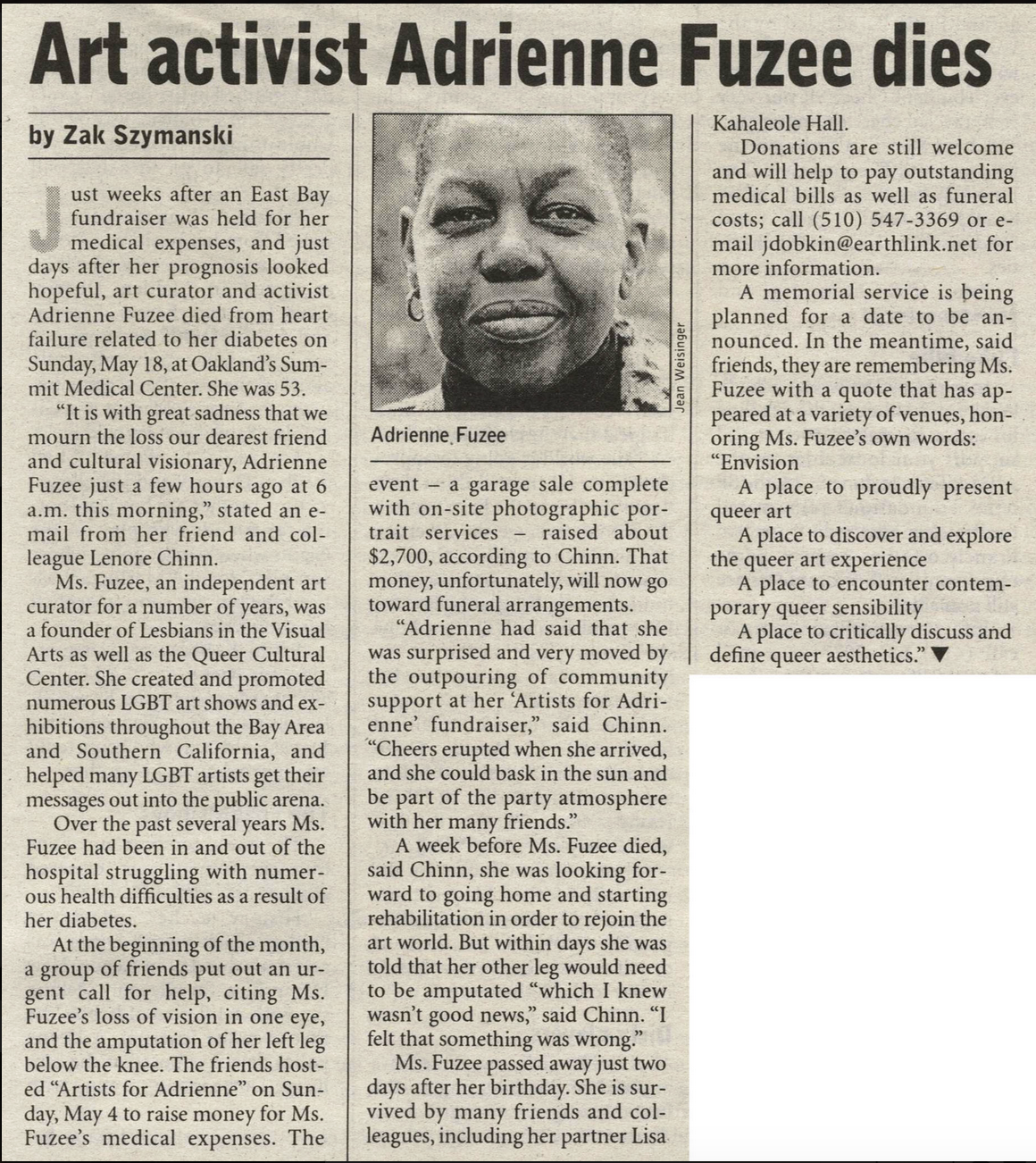 Adrienne Fuzee’s Obituary, 2003