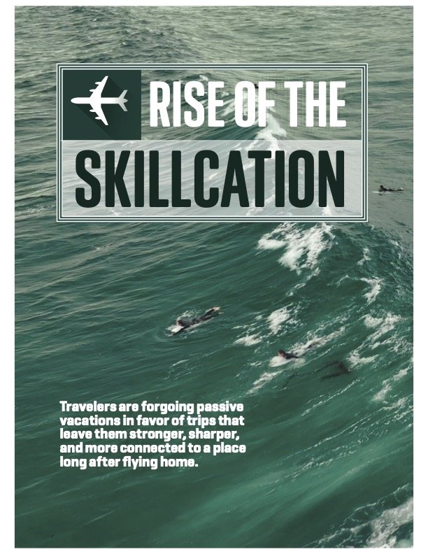 Maritime scene with multiple swimmers and an underwater aircraft silhouette, overlaid with the text "Rise of the Skillcation" and a description about travelers opting for passive vacations that connect them to their destinations.