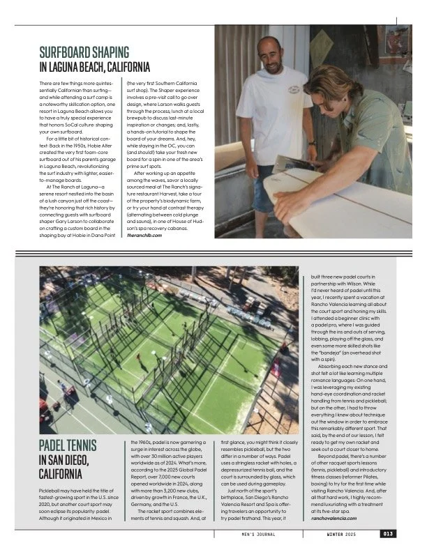 An article about surfboard shaping at Laguna Beach, California, with a photo of a man working on a surfboard and two people observing in the background.