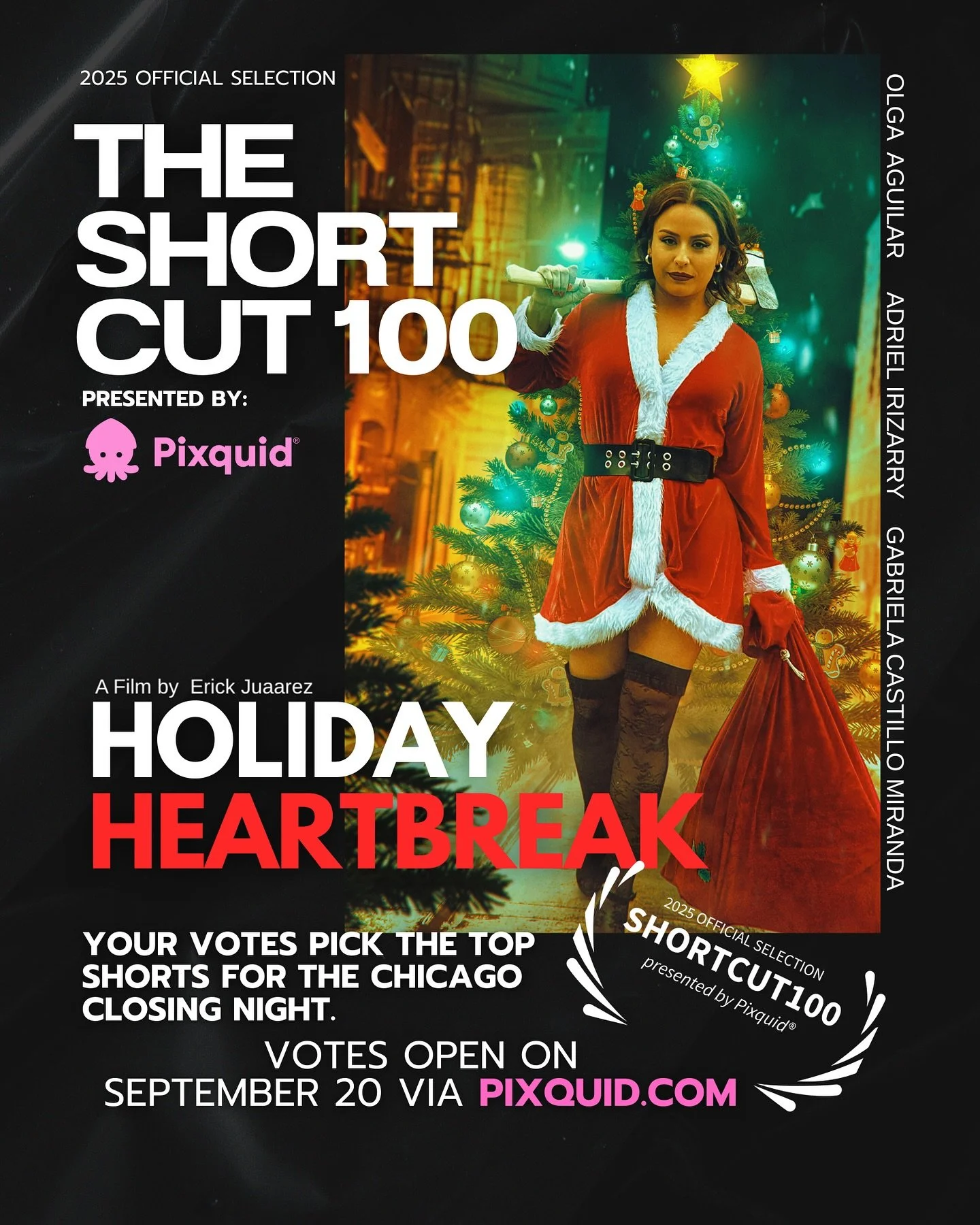 SAVE THE DATE!  Holiday Heartbreak 
is officially selected for @shortcut100_official.

Starting September 20th, via Pixquid.com, you can vote for Holiday Heartbreak! Your votes will determine the top short films to be nominated and screened in person