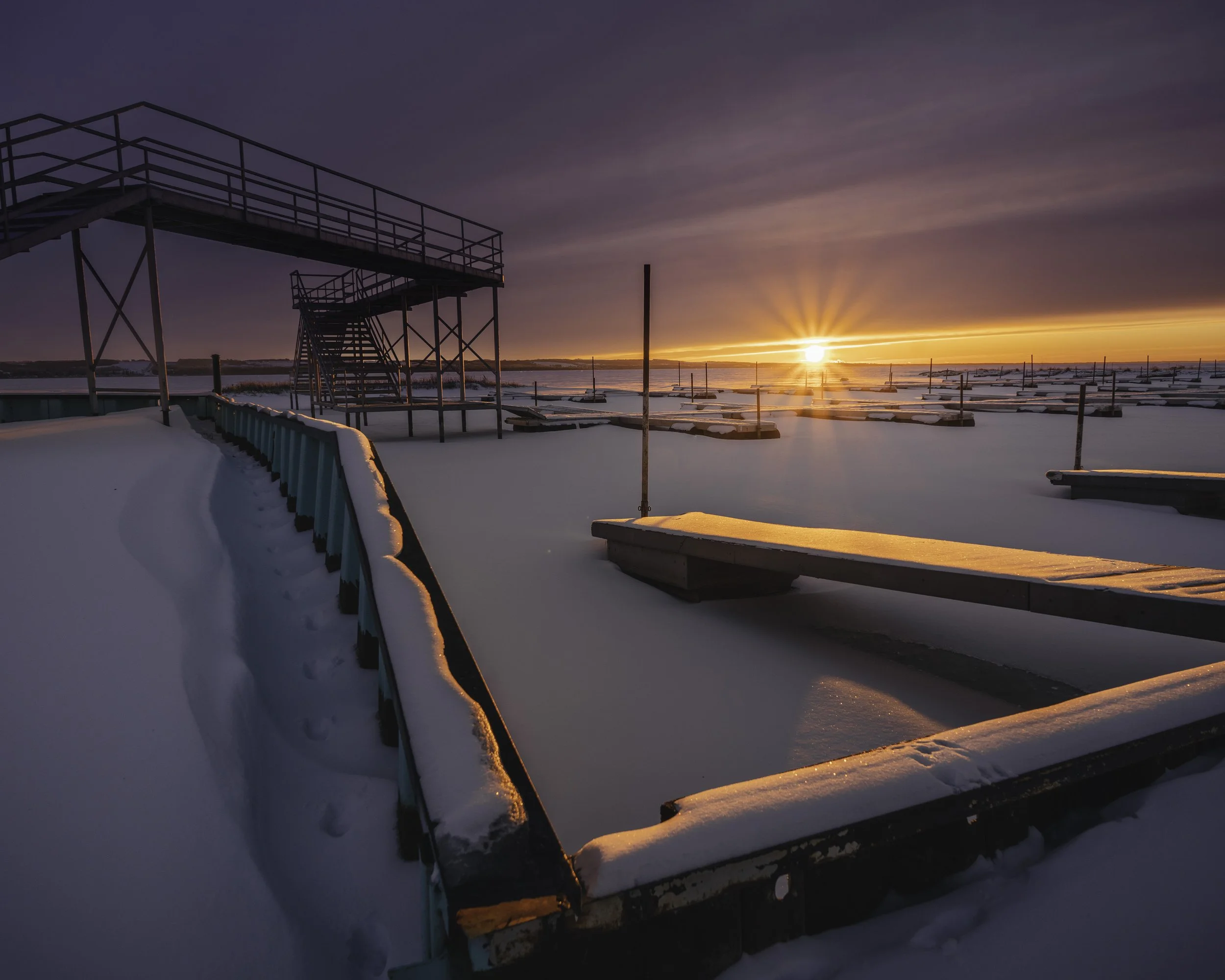 Docks and Bridge Gull Lake Sunrise 2 Dec 2021 .jpg