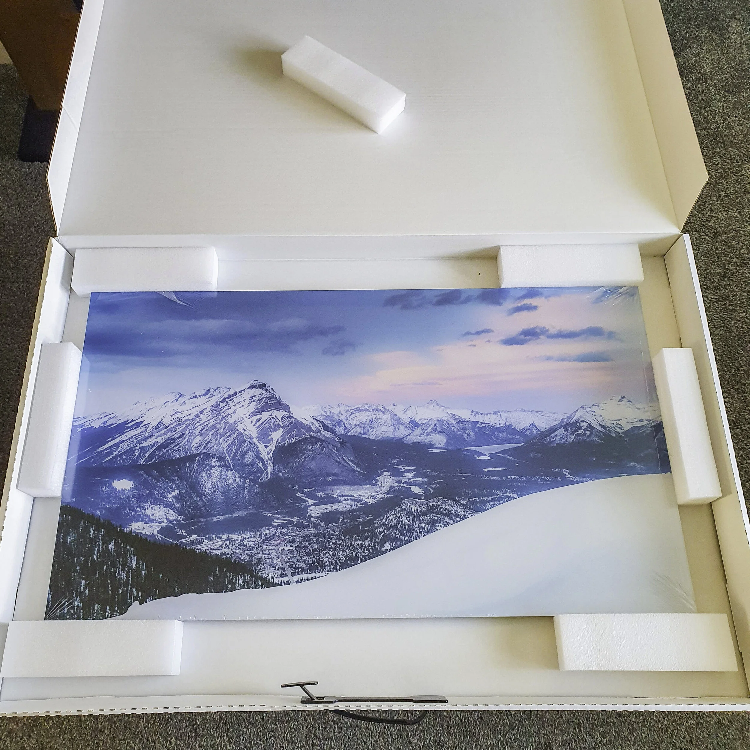 A framed panoramic photo of snow-covered mountains and a valley, inside a packing box with foam padding.