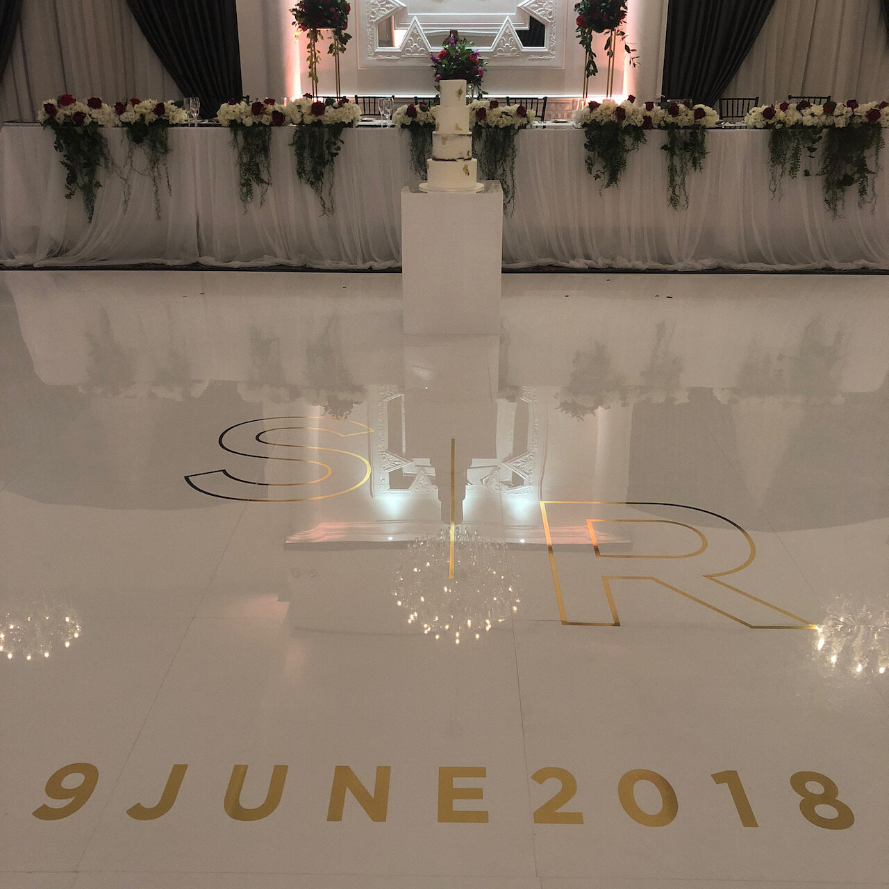 Dance floor decal mirror gold vinyl on white acrylic Vogue Ballroom 2.jpeg
