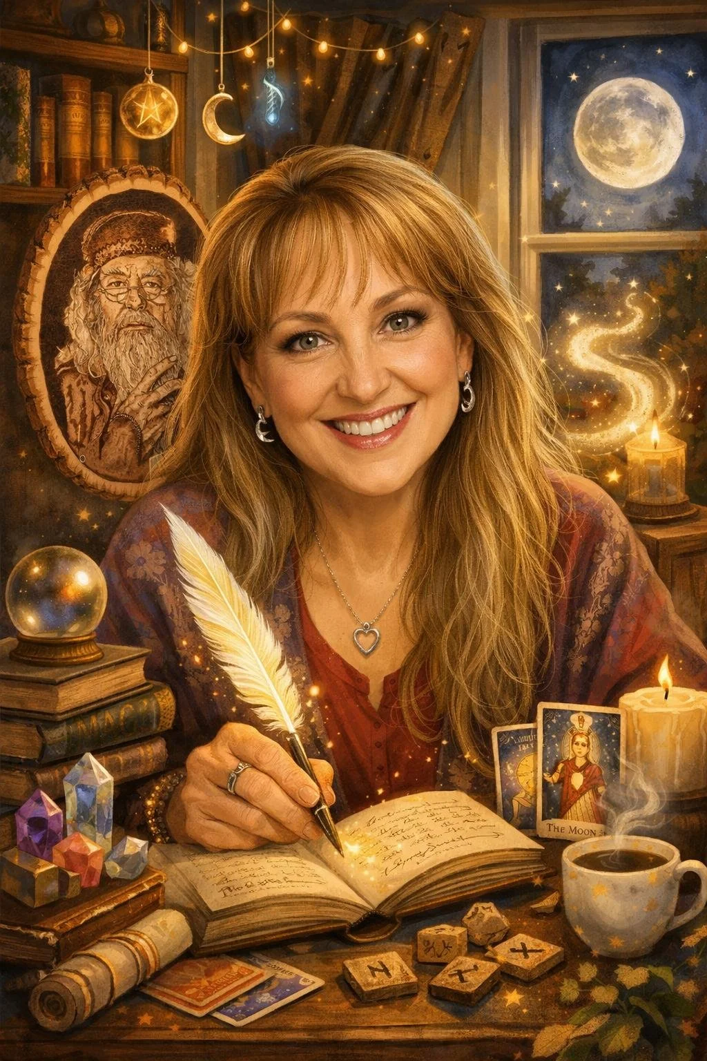 Tracy Caricature with Dumbledore in background