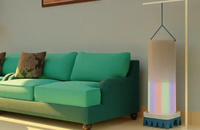 Green sofa with floral pillows and a modern lamp with colorful lights in a living room.