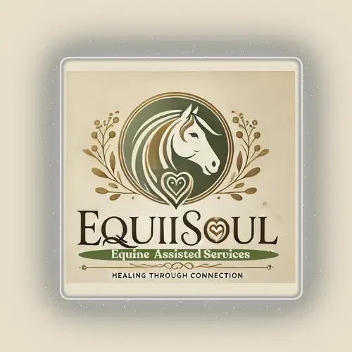 Logo for Equisoul, an equine assisted services company, featuring a stylized white horse head within a circle, with decorative leaves and hearts, and tagline 'Healing Through Connection'.