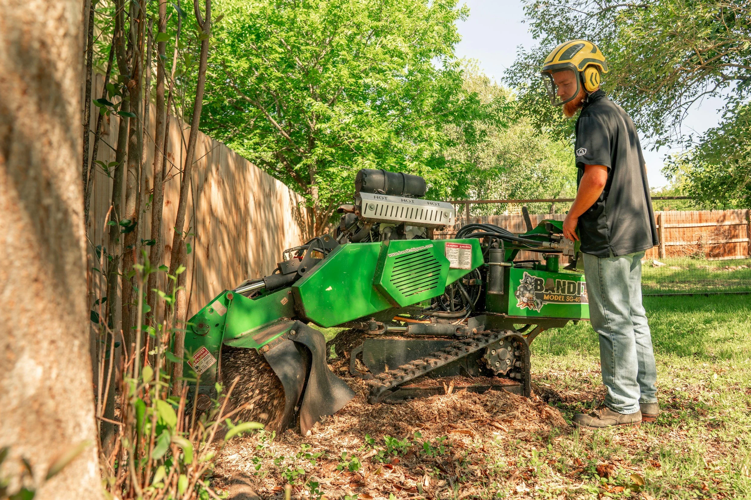 Man using a green tracked stump grinder to remove tree stumps in a backyard.