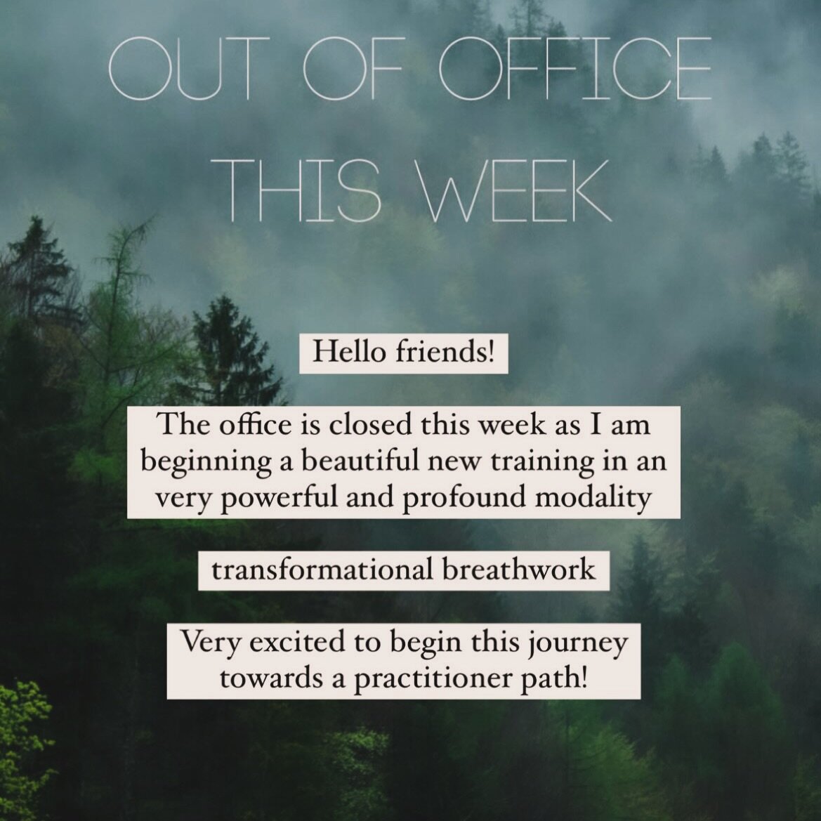 Our office is closed this week, and we will be back in the office taking clients next Monday, 3/11! 

I am taking the first training towards becoming a practitioner of somatic transformational breathwork. Our breath is our life force, it is our direc