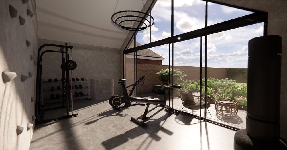As well as commercial gyms we love designing spaces for our private clients to workout. 
We designed this space for multi use so when the sun sets the equipment can be moved and it can turn into a cosy movie room, currently in construction look out f