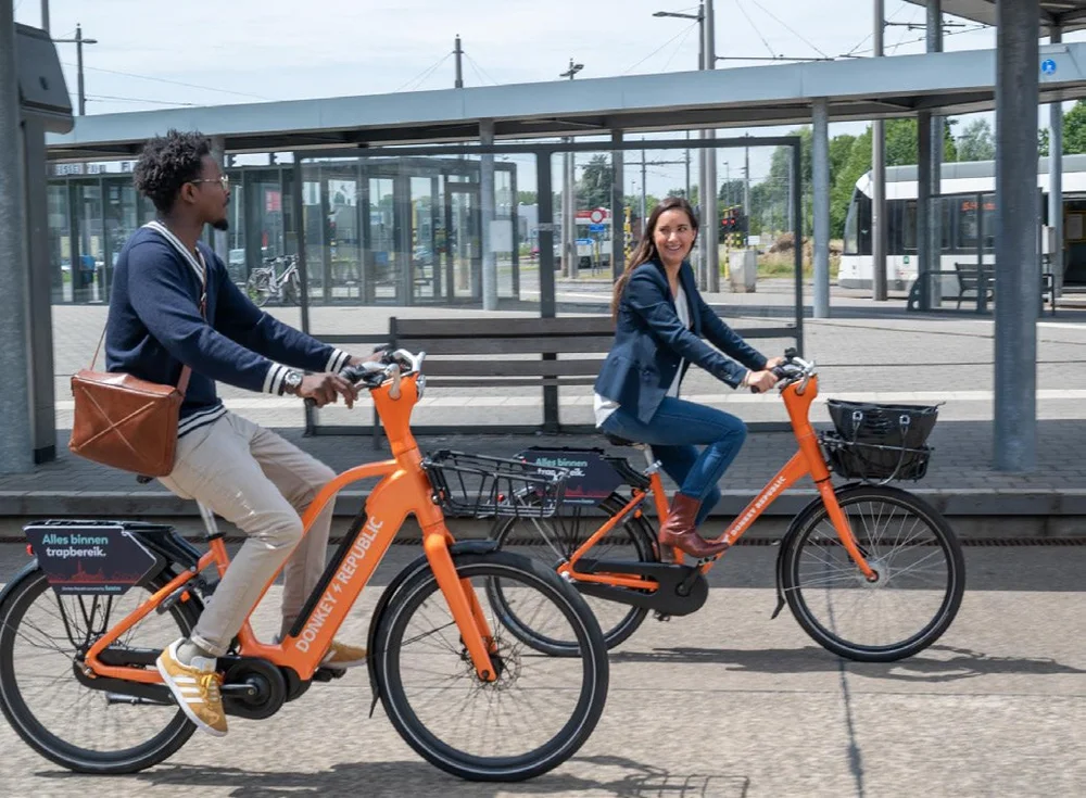 Donkey Republic bike in use in the city of Antwerp (Belgium)