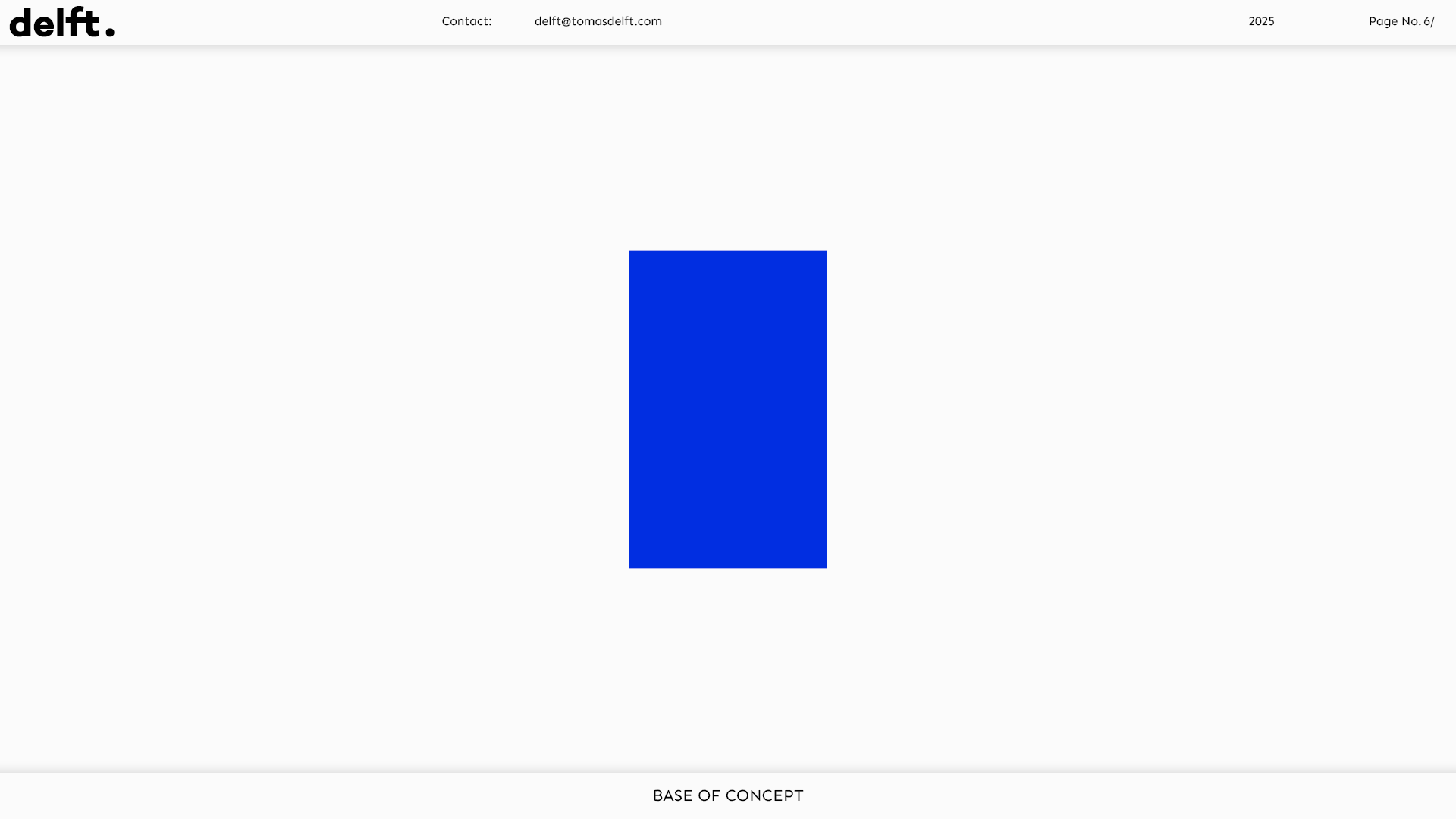 Minimalist webpage with 'delft' logo and contact information, featuring a central blue rectangle labeled 'Base of Concept.'