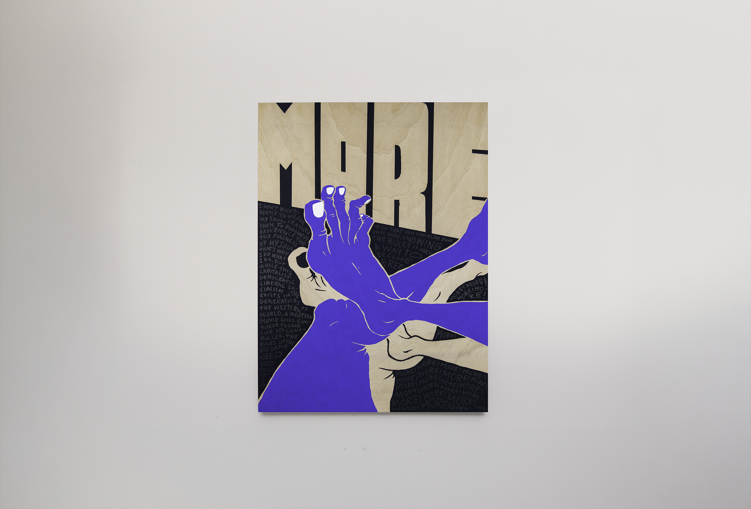 A piece of artwork featuring a stylized hand reaching up with the word 'MIR' in large letters above. The background has dark text and symbols on a beige and black backdrop.