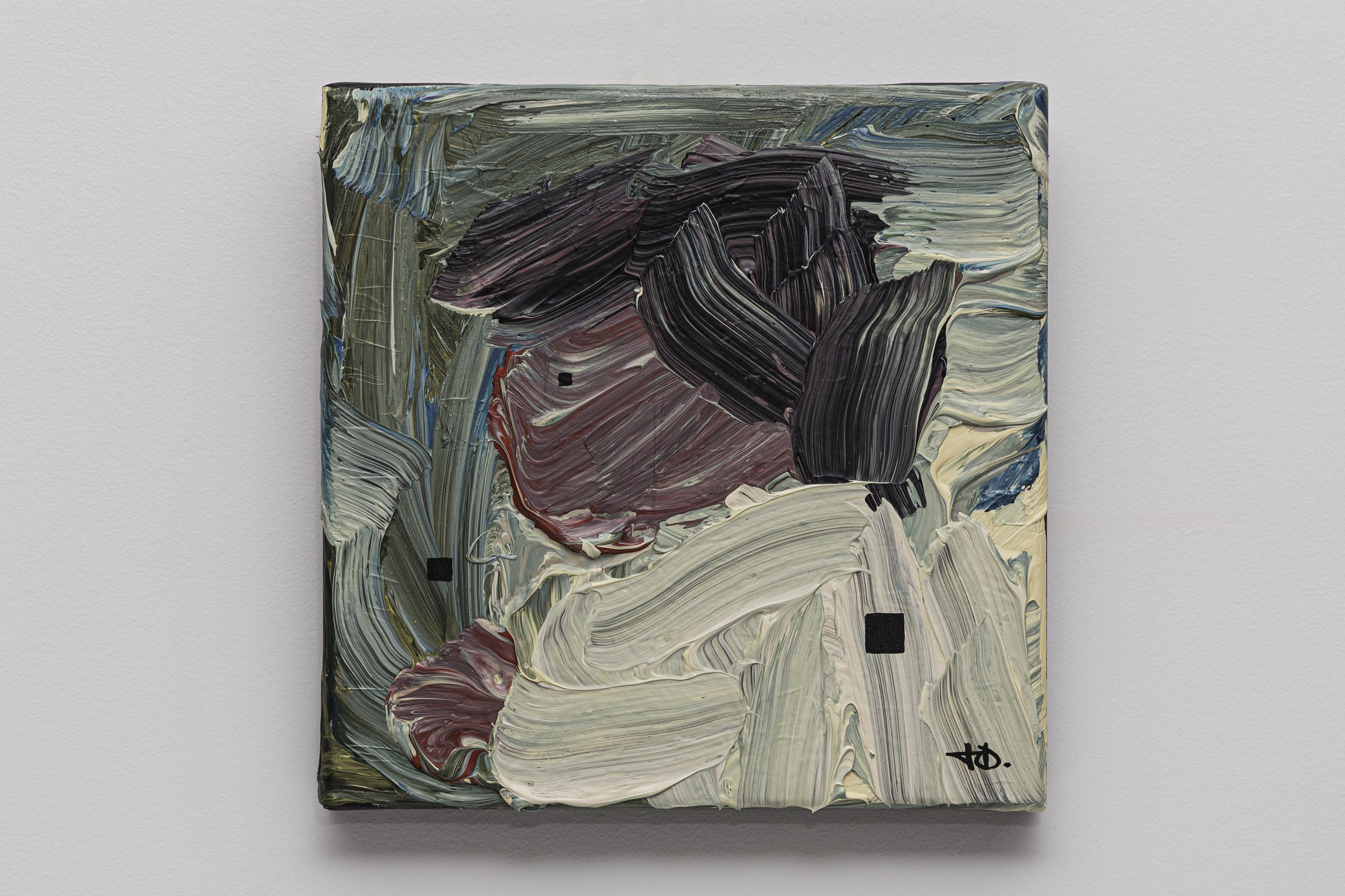 Abstract painting with thick, swirling strokes of black, white, red, blue, green, and beige paint on a canvas, signed in the lower right corner.