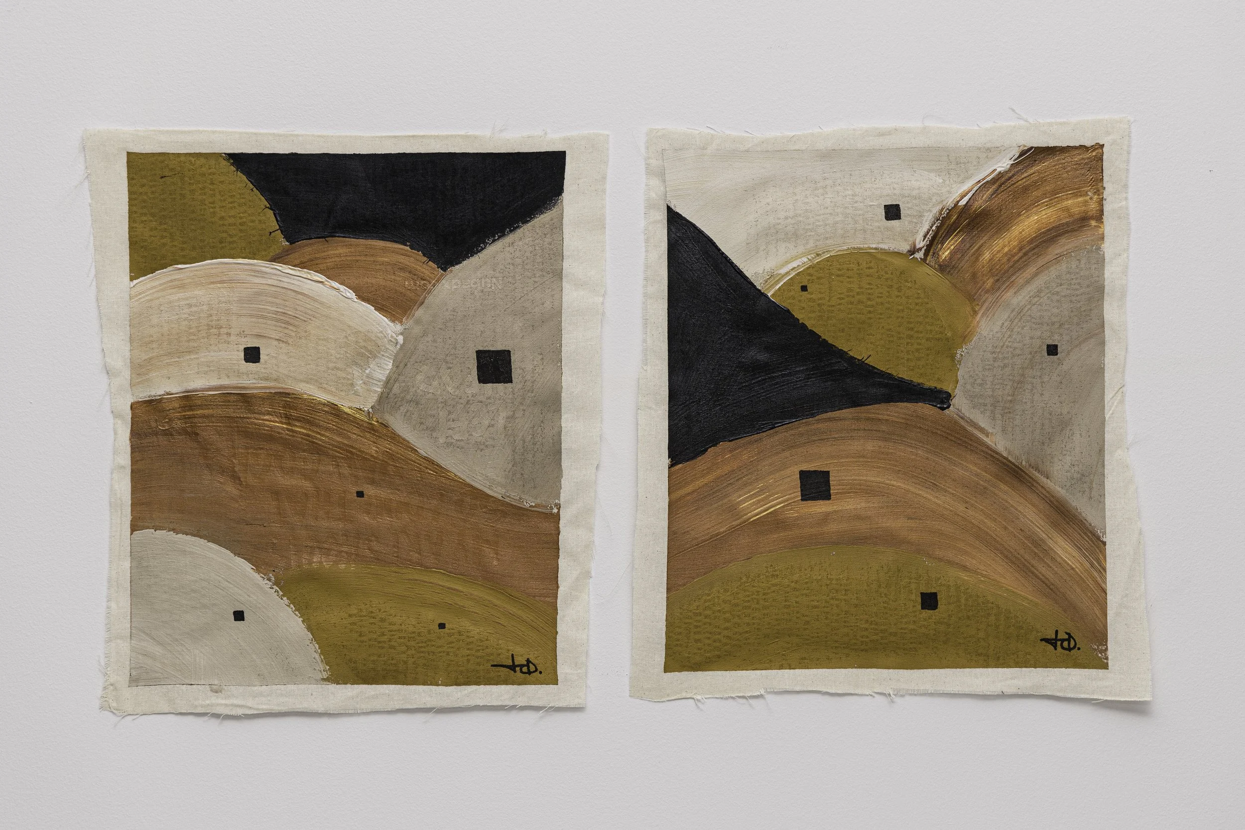 Two abstract paintings on paper with earthy tones and geometric shapes, signed with initials 'HD'.