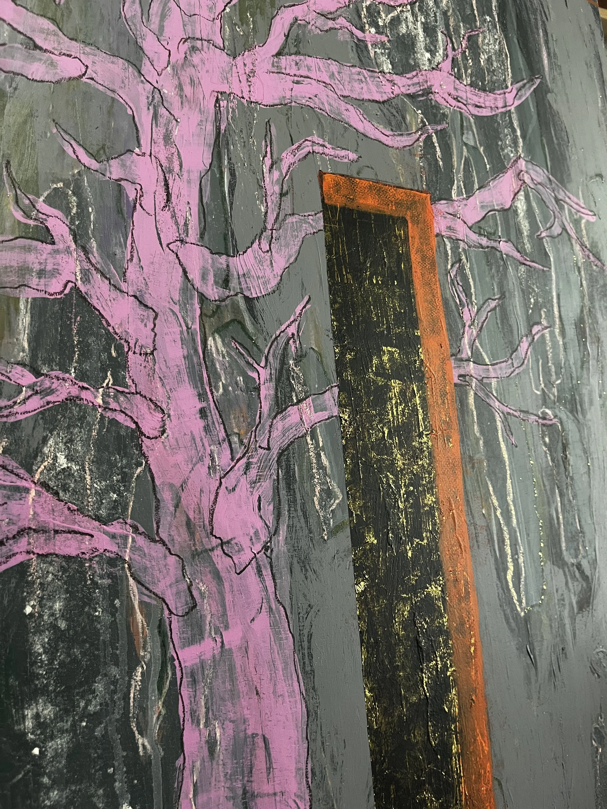 Painting of a pink tree with a black background and a bright orange-red horizon at sunset.