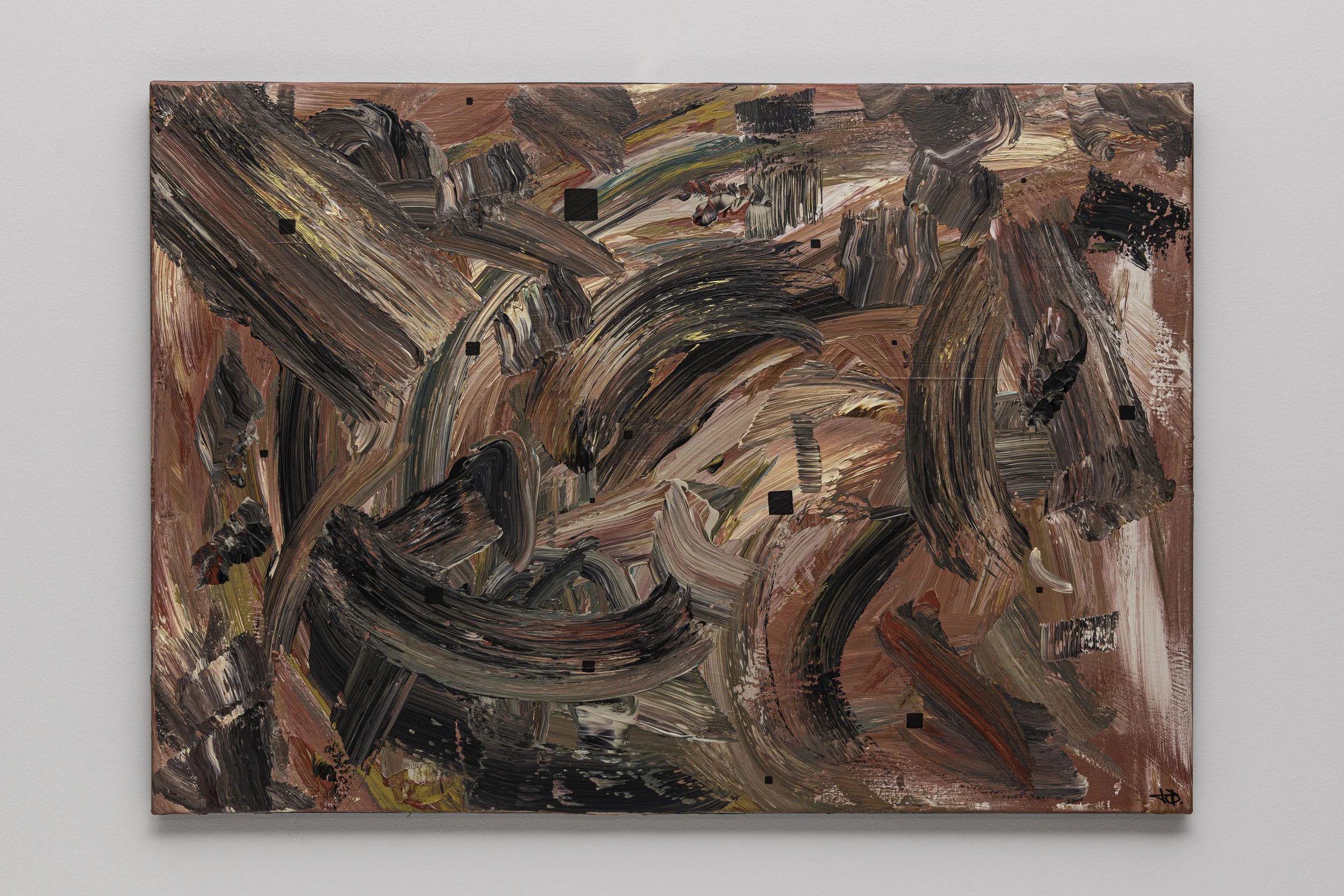 Abstract painting with bold sweeping brushstrokes in shades of black, gray, white, pink, red, and hints of yellow, with small black square accents on a canvas mounted on a white wall.