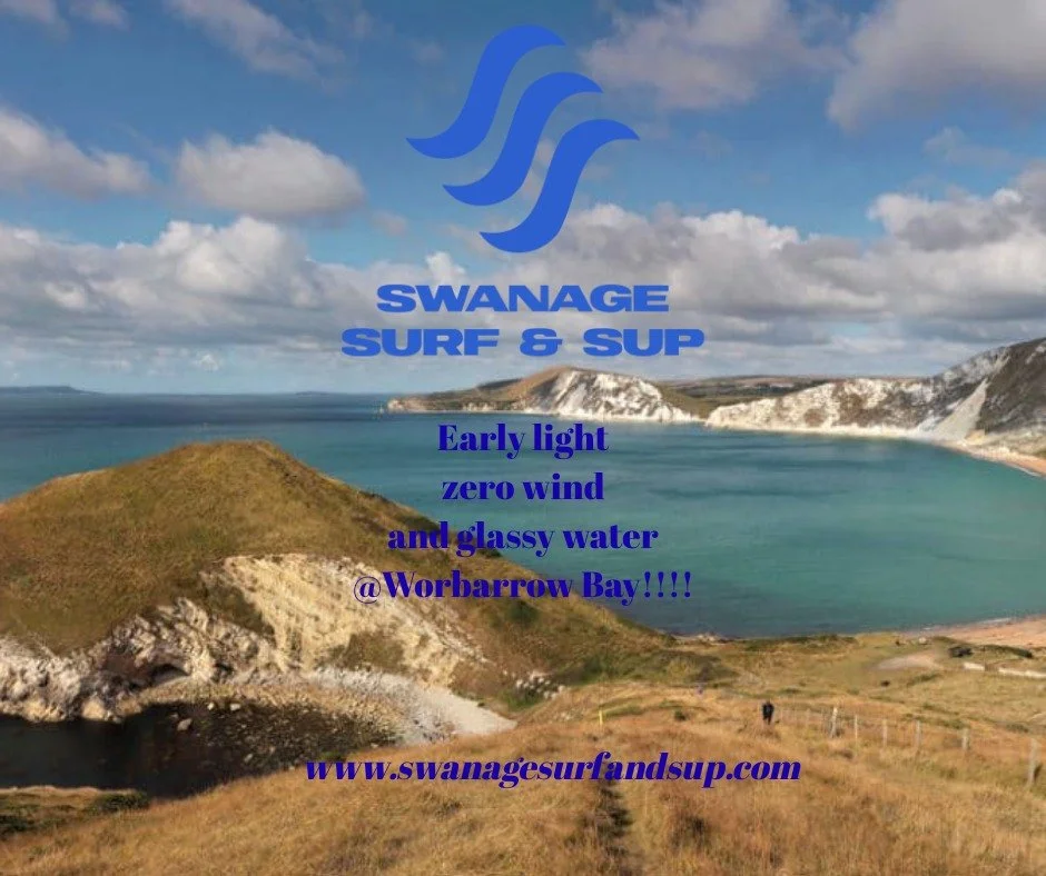 Glassy seas and mellow vibes out at Worbarrow Bay. The cliffs shelter the water, making it perfect for an early SUP glide or just soaking in the lineup. Link in bio to book your board!!!!