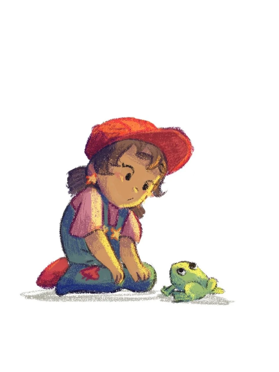 A drawing of a girl in overalls and a red hat, squatting next to a small green frog.