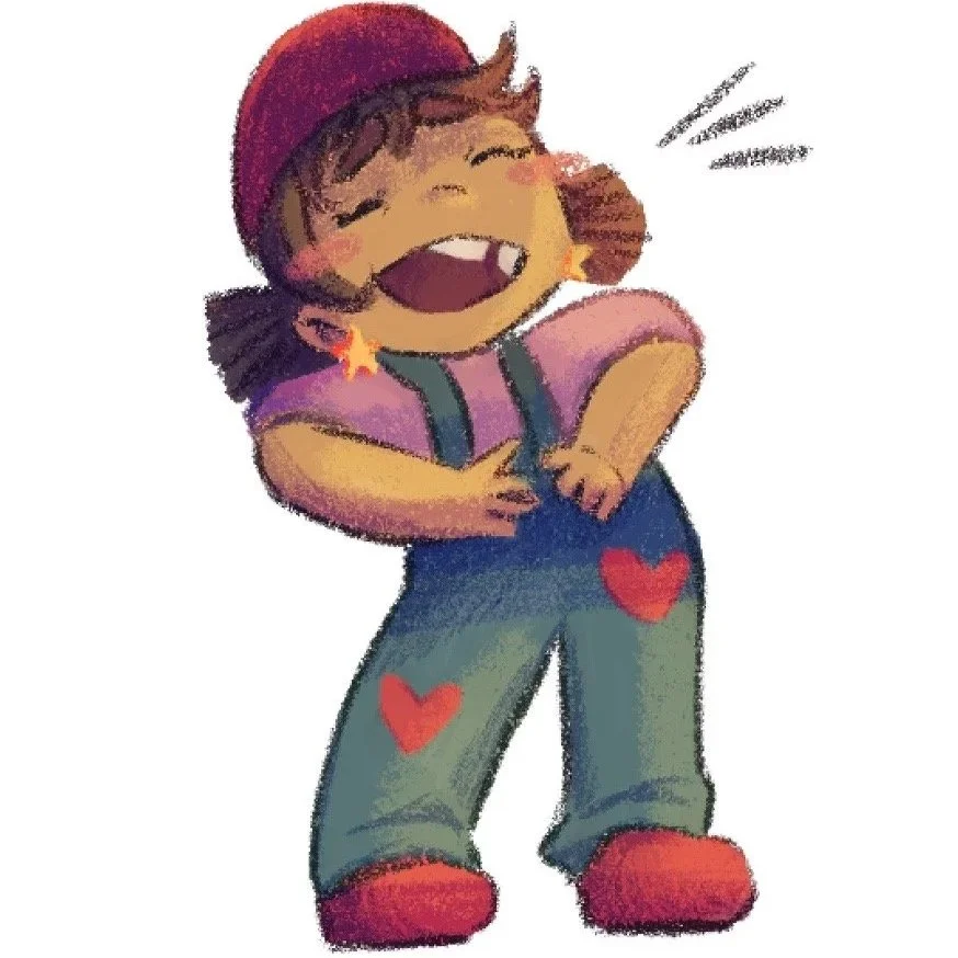 Cartoon girl with brown hair, wearing a purple hat, pink shirt, blue suspenders, green pants with red hearts, and red shoes, laughing with her hand on her stomach.