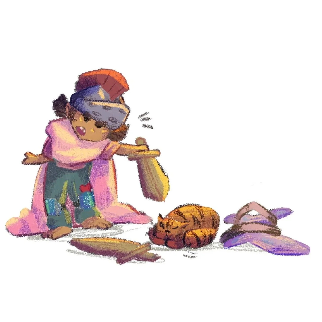 A young girl with glasses, wearing a pink cloak, is playing with a broomstick while a sleeping orange tabby cat lies nearby. A purple hat and robe are on the ground beside them.