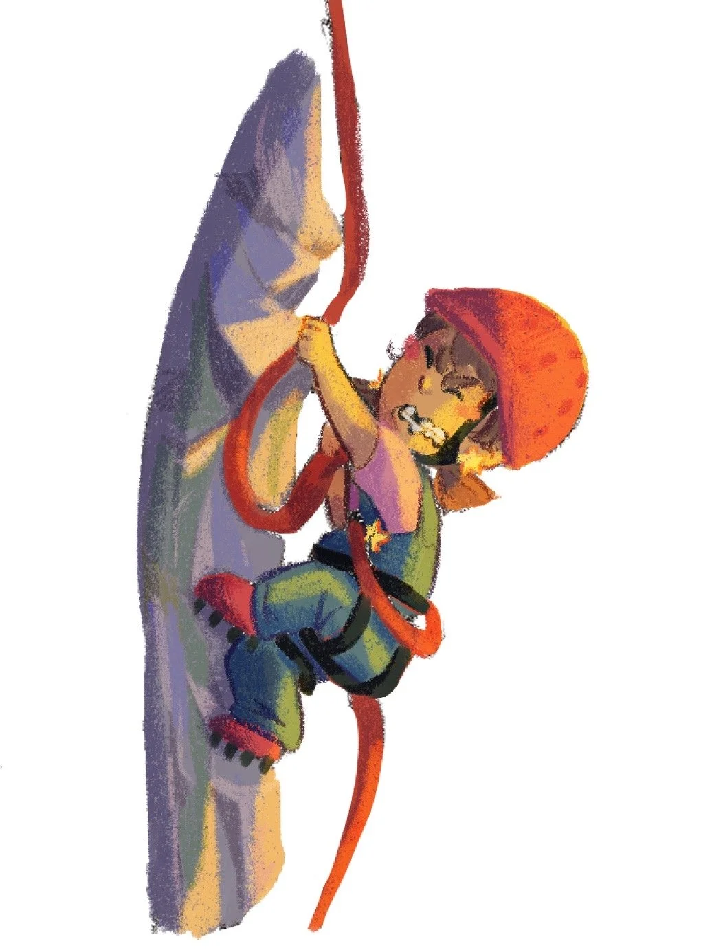 A cartoon illustration of a young boy climbing a rock wall with a harness and helmet, showing effort and determination.