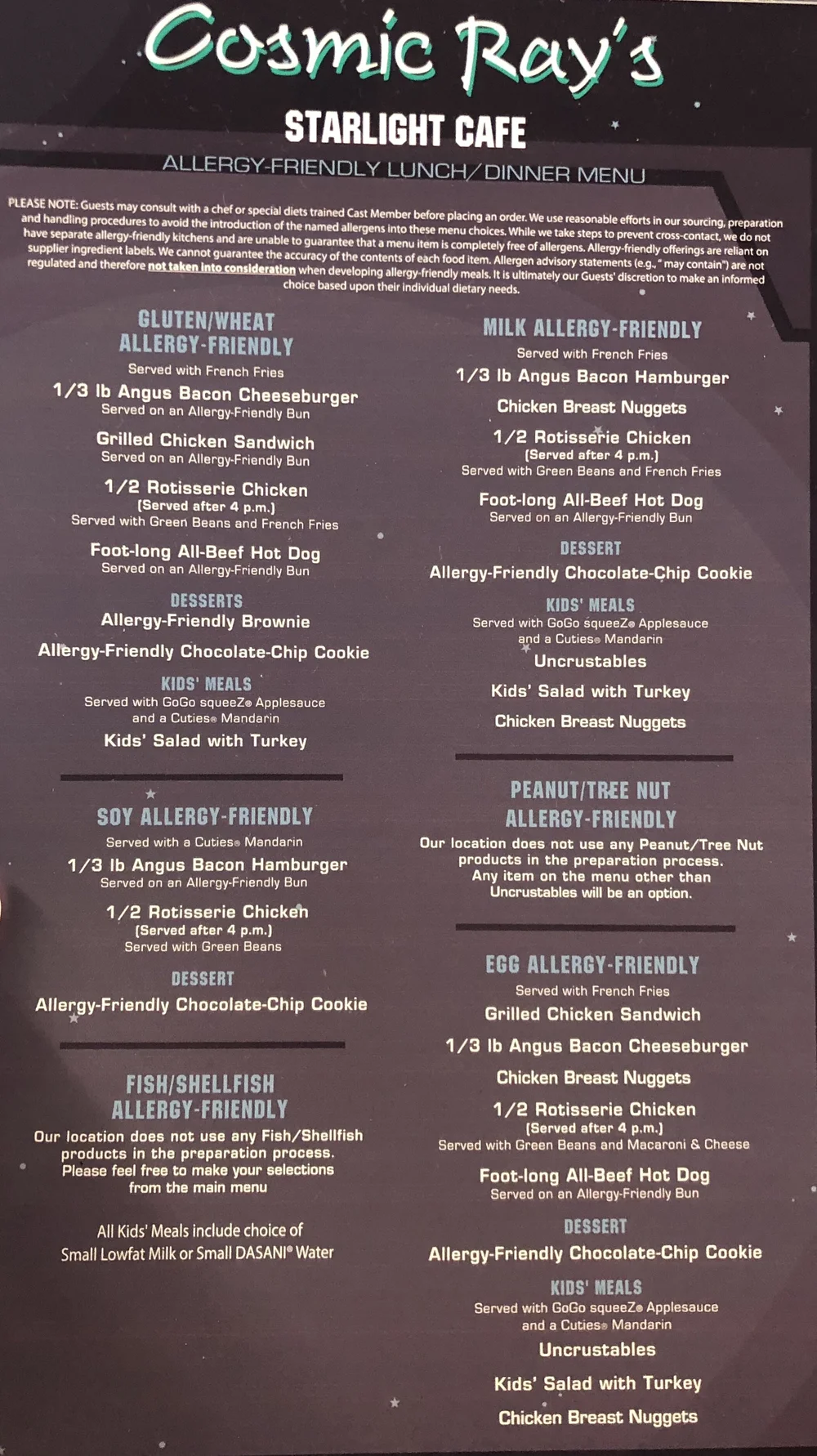 Cosmic Ray's Allergy-Friendly Lunch and Dinner Menu — Gluten Free ...