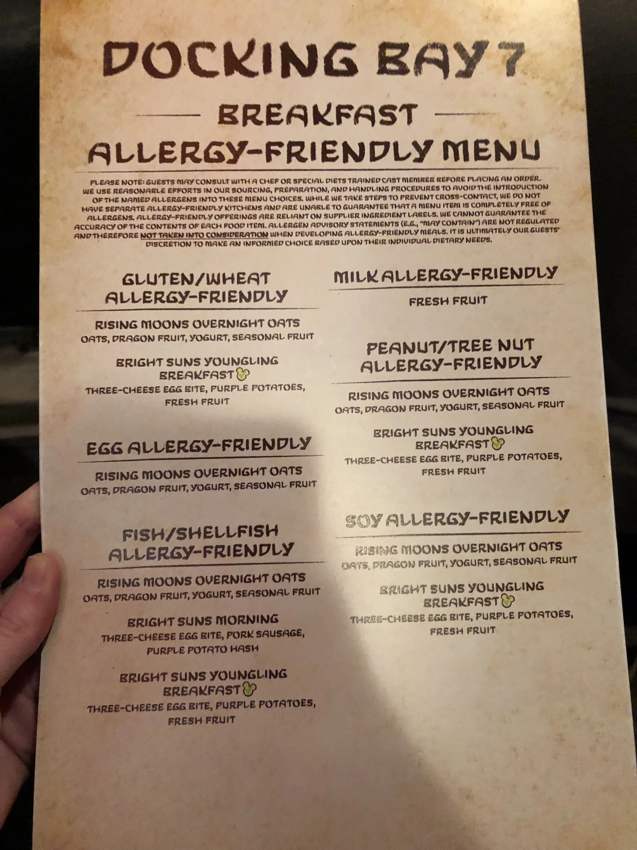 Docking Bay 7 Allergy-Friendly Breakfast Menu / Photo Taken by Gluten Free & Dairy Free at WDW