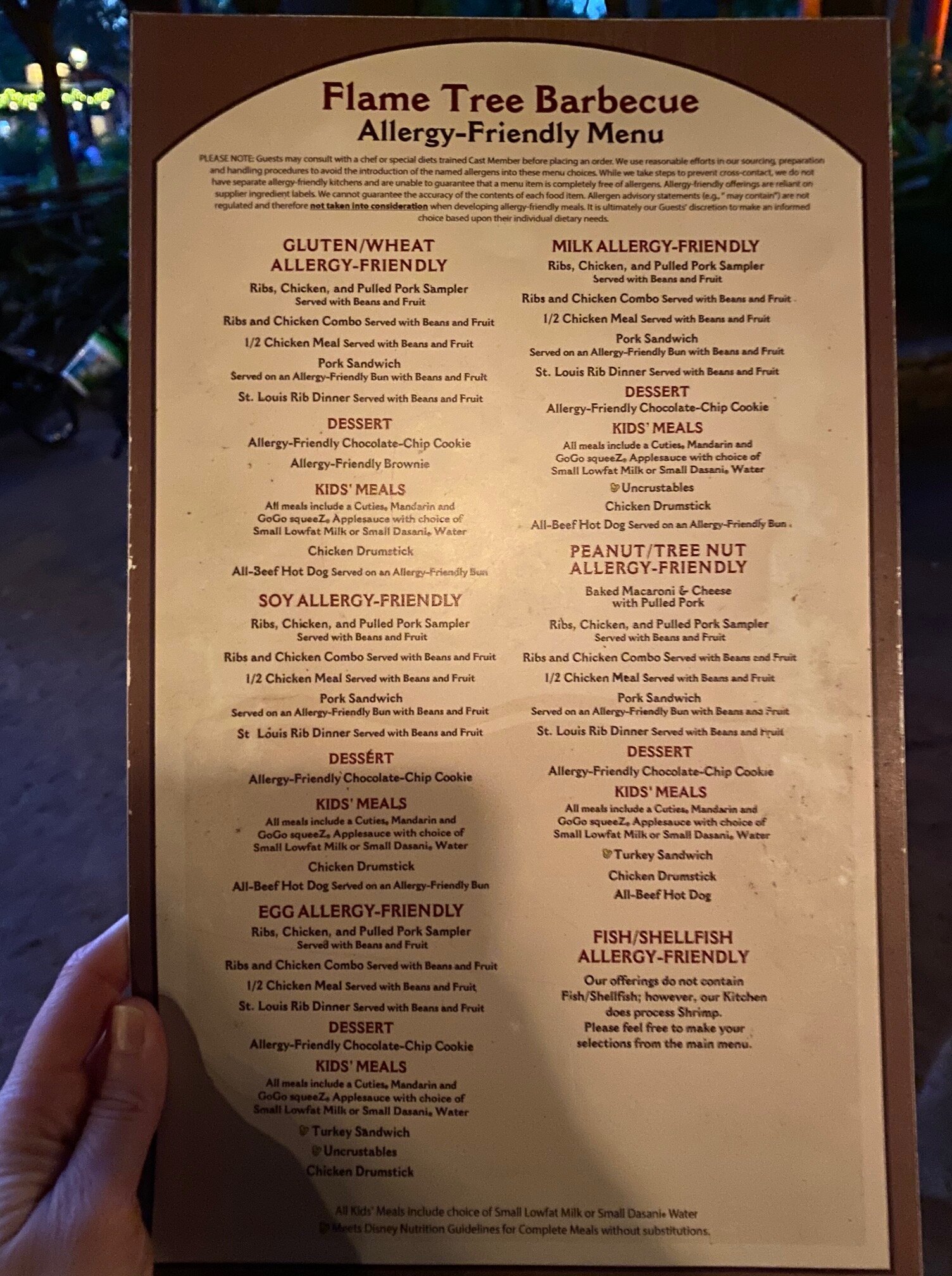 Flame Tree Barbecue Allergy Friendly Lunch and Dinner Menu — Gluten Free &  Dairy Free at WDW