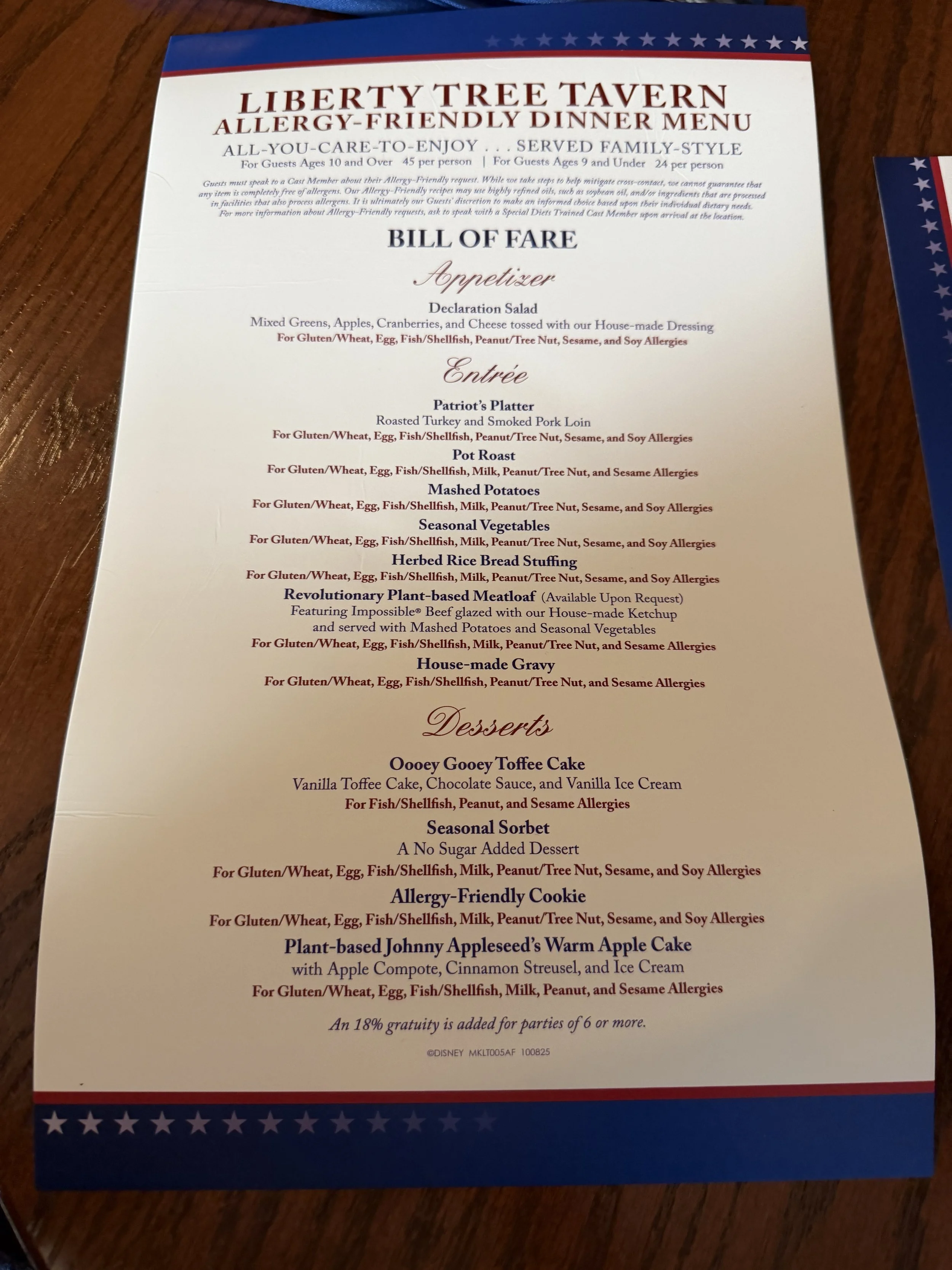 Liberty Tree Tavern Allergy Friendly Dinner Menu