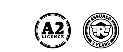 Royal Enfield logos: one for A2 license, and one for 3-year assured certification.