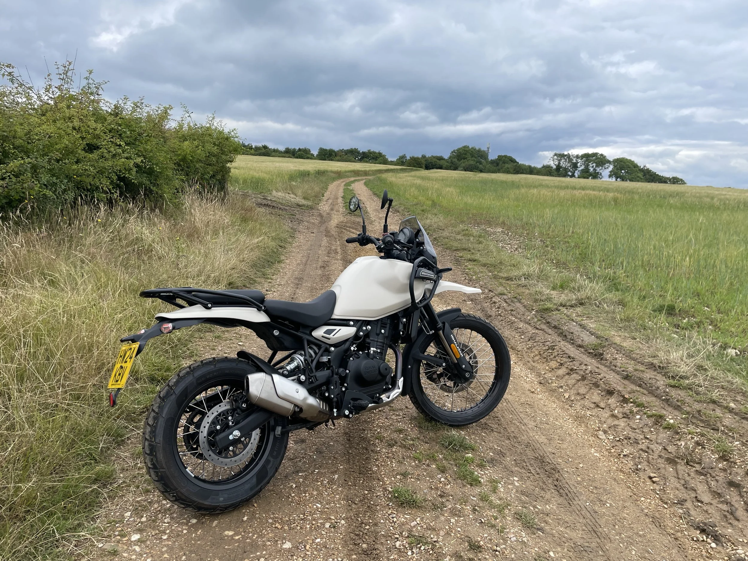 A Royal Enfield Himalayan motorcycle parked on a dirt path in a grassy open field under a cloudy sky.