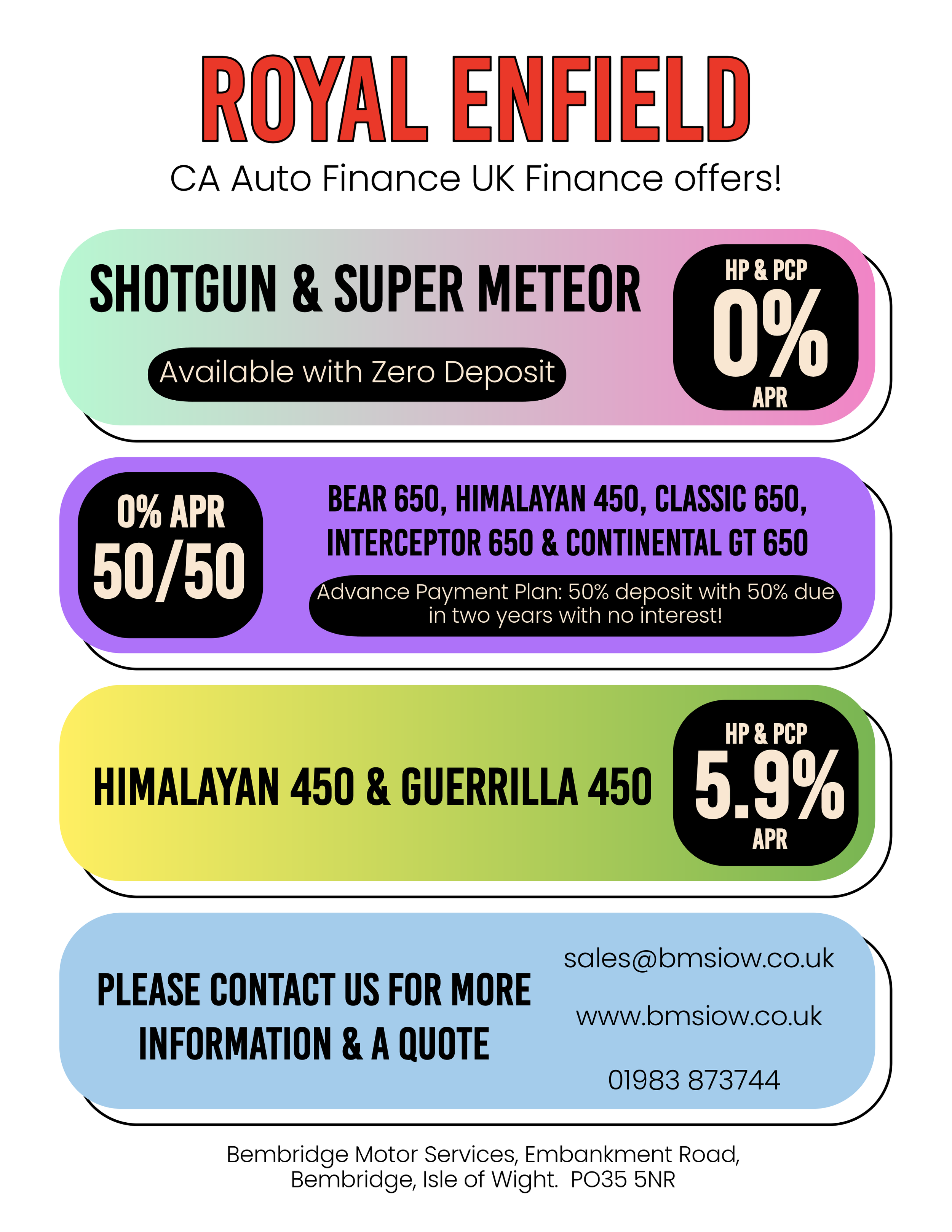Colorful advertisement flyer for Royal Enfield auto finance offers in the UK, highlighting various motorcycle models, interest rates, and contact information.