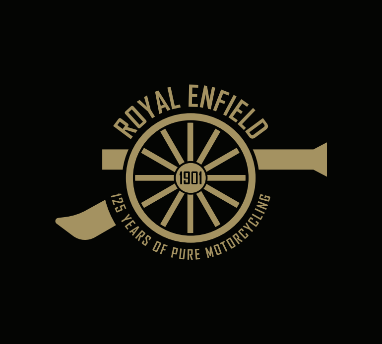 Logo featuring a vintage cannon with the text 'Royal Enfield, 125 Years of Pure Motorcycling' and the year 1901.