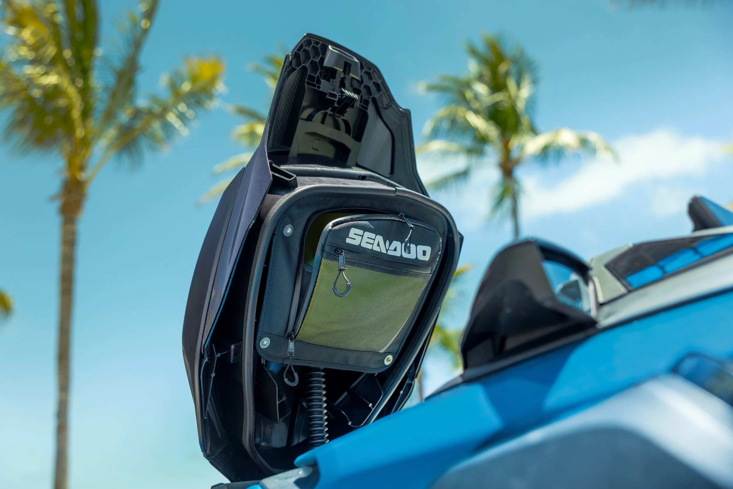Close-up view of a Sea-Doo storage compartment with storage Seadoo bag accessory