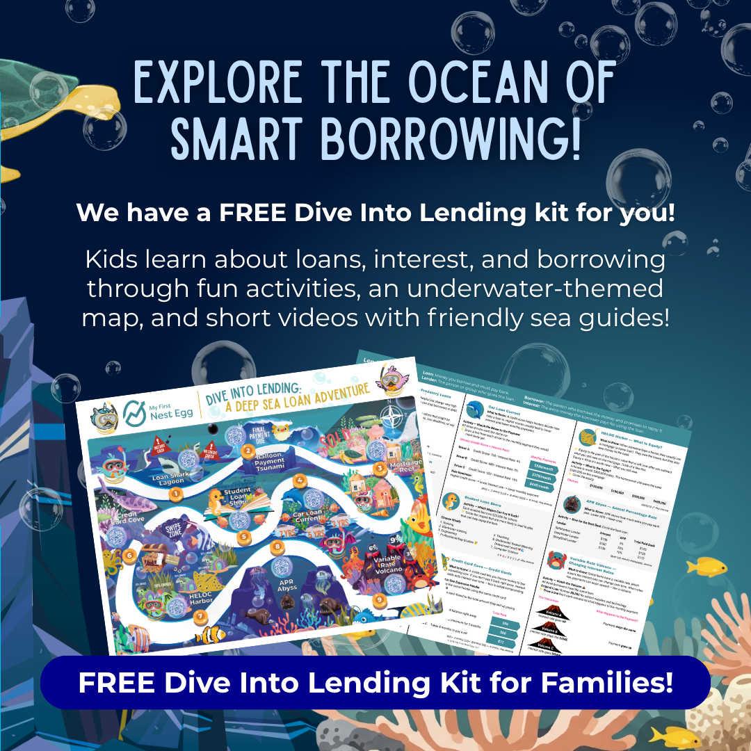 Explore the Ocean of Smart Borrowing" promo for a FREE Dive Into Lending kit. Kids learn about loans and interest via an underwater map and activities. FREE kit for families