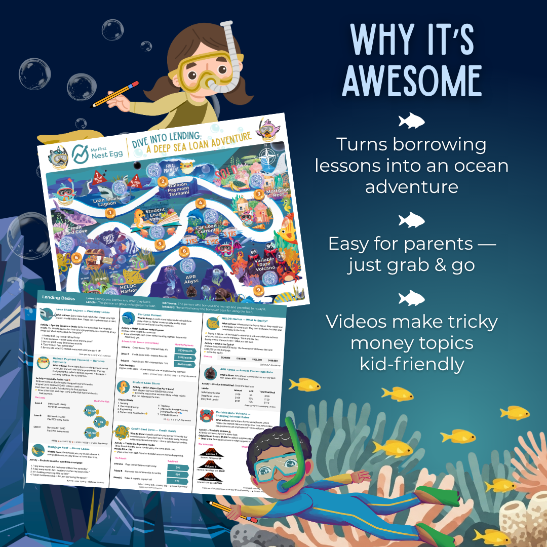 AWESOME" features: Ocean adventure borrowing lessons, grab-and-go parent guides, and kid-friendly videos on money topics. Includes images of an activity map and worksheet.